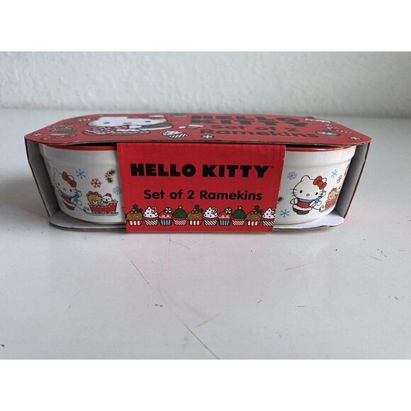 Set Of 2 Hello Kitty Ceramic RAMEKINS Souffle Dish Sleigh Christmas Holiday NEW - Picture 1 of 12